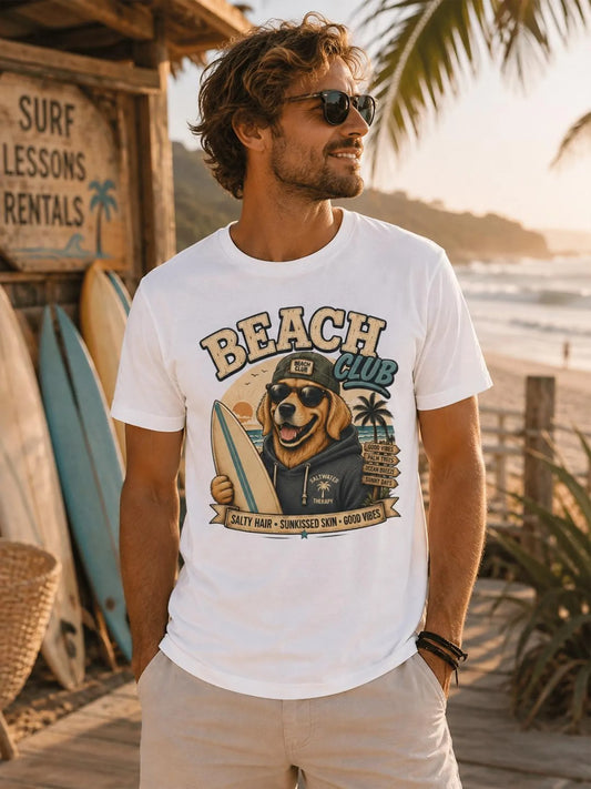 Golden Retriever Beach Club Graphic Tee, Cute Dog Lover T-Shirt