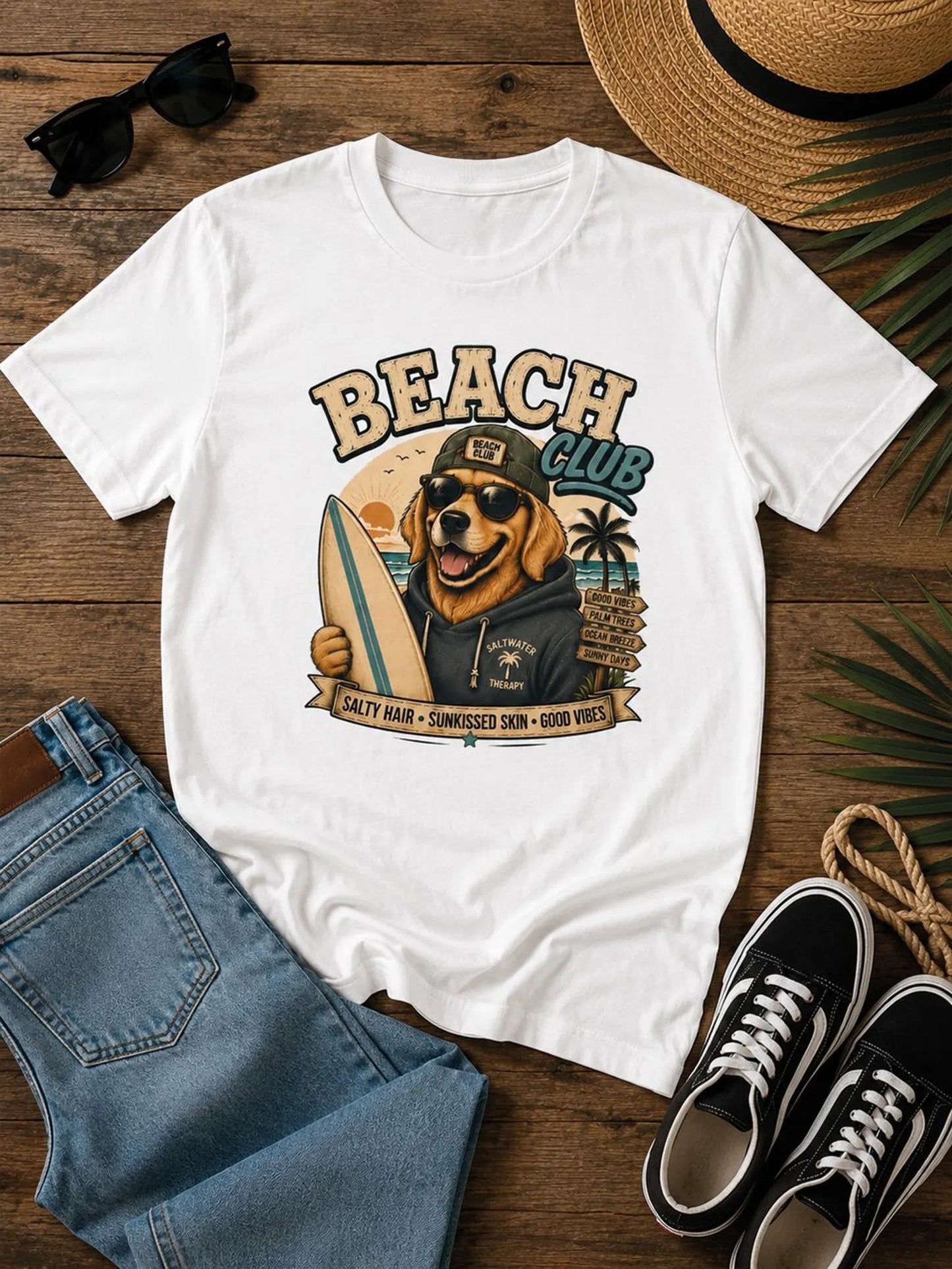 Golden Retriever Beach Club Graphic Tee, Cute Dog Lover T-Shirt