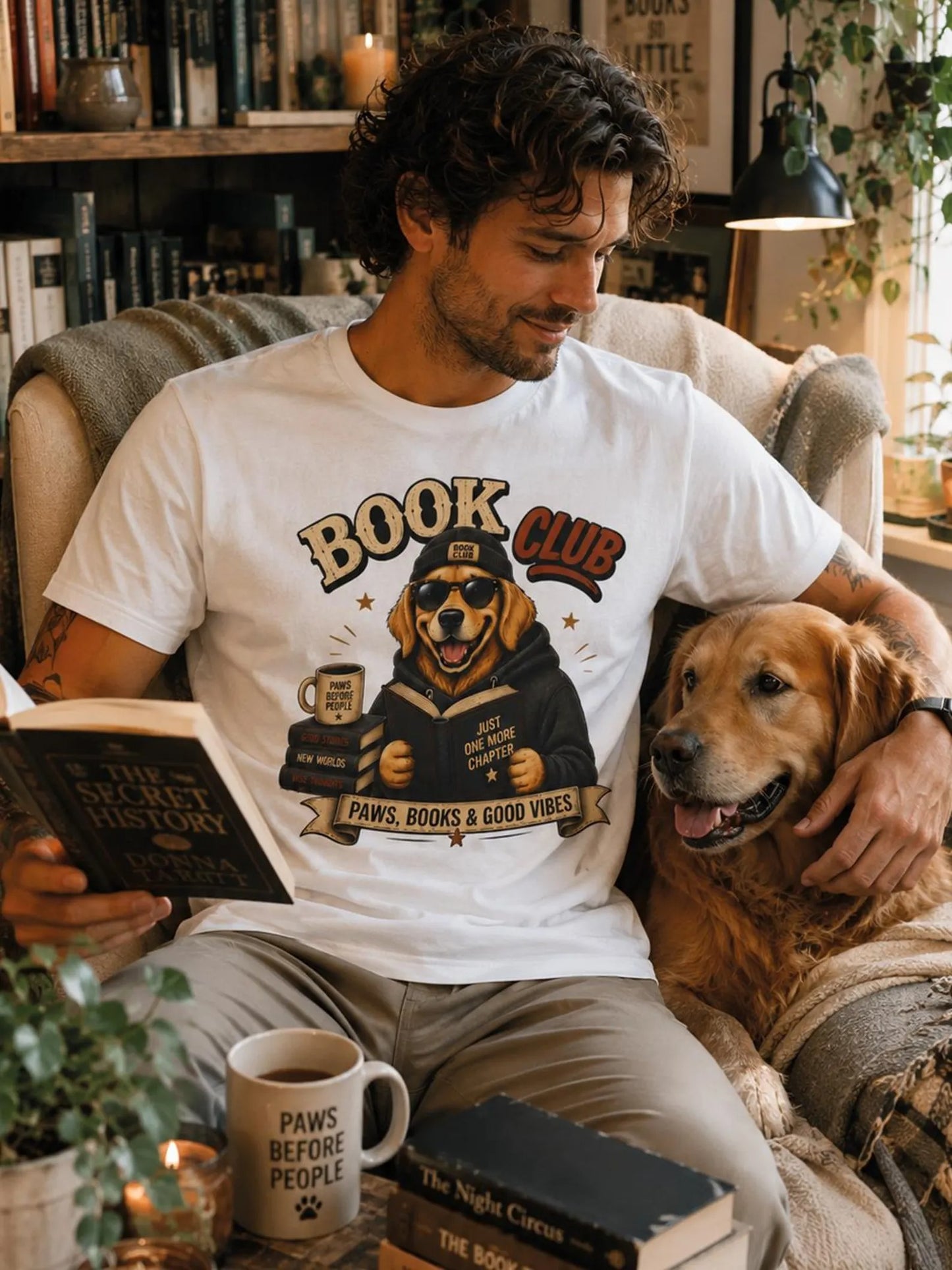 Golden Retriever Book Club Graphic Tee, Cute Dog Lover Reading Shirt