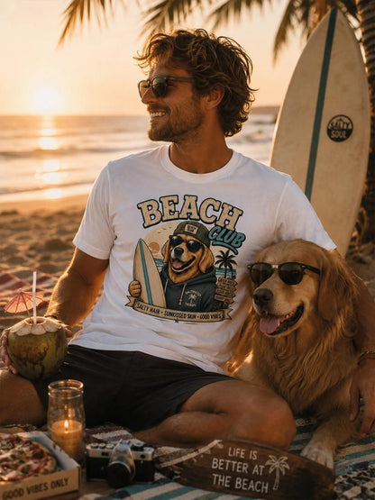Golden Retriever Beach Club Graphic Tee, Cute Dog Lover T-Shirt